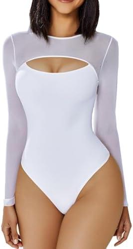Avidlove Bodysuits for Women Round Neck Shapewear Bodysuit Long Sleeve Bodysuit Sexy Mesh Top Double Lined Cutout Shirt S