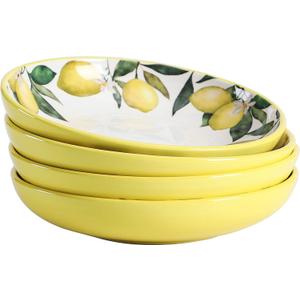 Bico Lemon Dreams Pasta Bowls, 35oz Salad Bowl Set of 4, Large Ceramic Serving Dinner Bowls for Soup and Cereal, Microwave and Dishwasher Safe, Gift for Housewarming and Thanksgiving