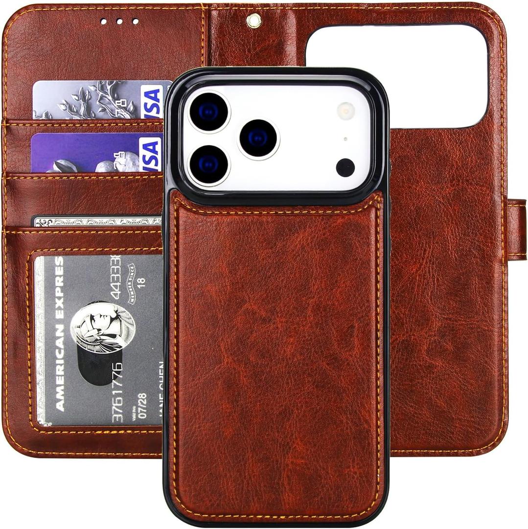 Bocasal Detachable Wallet Case for iPhone 17 Pro Max RFID Blocking Card Slots Holder Premium PU Leather Magnetic Kickstand Shockproof Wrist Strap Removable Flip Protective Cover 5G 6.9 inch (Brown)