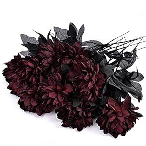 Artflower 10 Pack Artificial Silk Dahlia Bouquet with Long Stem, 16” Wine Red Fake Flower Floral Arrangements Wedding Bridal Bouquet for Halloween Harvest Festival Table Centerpieces Home Decor