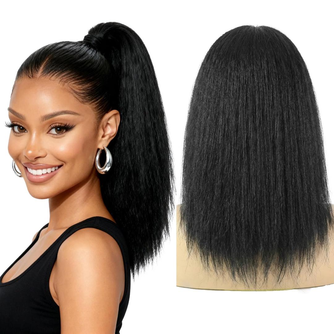 Yaki Straight Ponytail Extension for Black Women,16 Inch Synthetic Wrap-Around Clip-In Ponytail with Magic Paste,Natural Looking for Easy Daily Wear (Natural Black)
