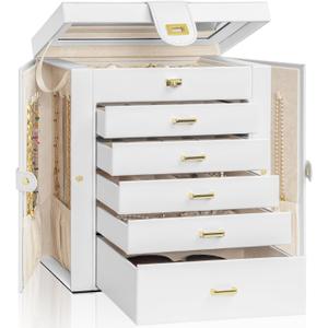 AKOZLIN Large Jewelry Box Organizer Functional with Big Mirror, Leather Jewelry Storage Case for Women Girls Ring Necklace Earring Bracelet Holder Organizer White