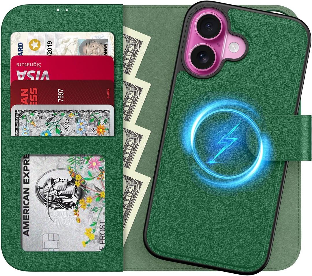 LUHOURI for iPhone 17 Case Wallet - Wireless Charging Compatible Detachable Flip Folio Leather Cover - RFID Blocking 4 Card Slots Holder - Protective Phone Case for Women/Men - Green