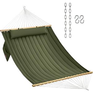 Double Quilted Fabric Hammock with Hardwood Spreader Bars and Pillow 450 LBS Capacity 2 Person Large Hammock for Outdoor Patio Backyard Poolside - Green