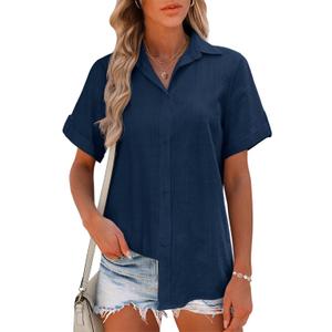 HOTOUCH Women Summer Button Down Shirt Short Sleeve Cotton Blouses Button Up Tops Beach Vacation Outfits (X-Large, B-navy Blue)
