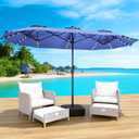 LEVELEVE 14FT Large Patio Patio Umbrella with Base & Solar LED Lights - Double-Sided,Blue