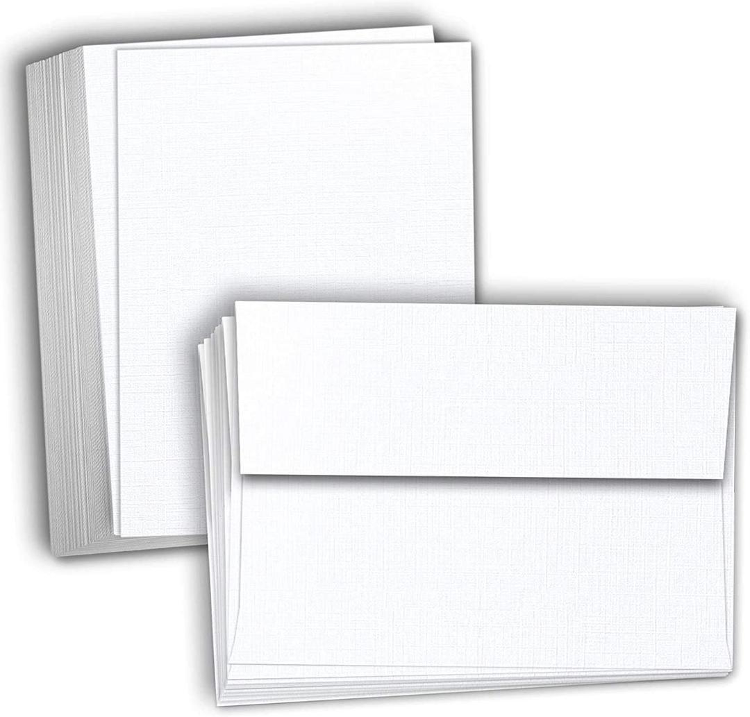 Hamilco White Linen Cards and Envelopes - Flat 5" x 7" Cardstock Paper 80lb Cover 50 Pack