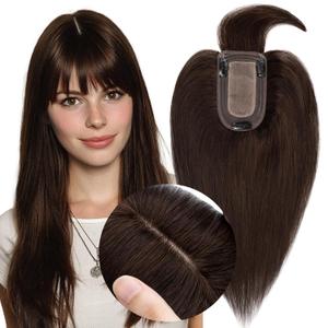 MY-LADY Human Hair Toppers for Women Real Human Hair with Bangs Thin 7 * 13CM Silk Base with Lace Clip in Remy Hairpieces 150% Density 16 Inch Dark Brown