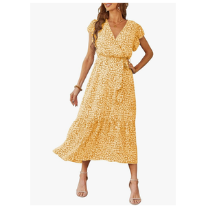 PRETTYGARDEN Women's Summer Floral Boho Maxi Dress Wrap Short Sleeve V Neck Ruffle A-Line Flowy Wedding Guest Long Dresses M