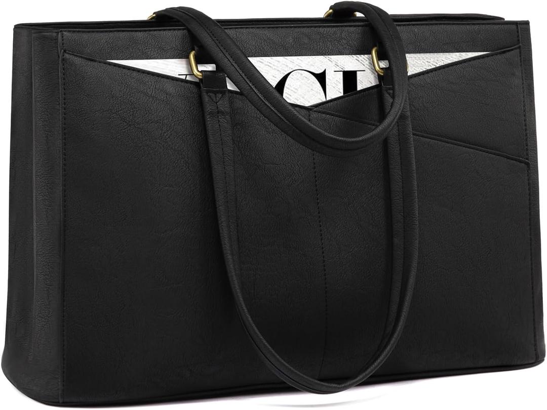 LOVEVOOK Laptop Bag for Women,15.6 Inch Laptop Tote Bag for Women,Vintage Leather Work Tote Bags Computer Teacher Bag,Waterproof Business Office Briefcase (Retro Black)
