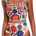 Floerns Women's One Piece Swimsuit Floral Bow Tie Shoulder Tummy Control Bathing Suit (Large, White Multi)