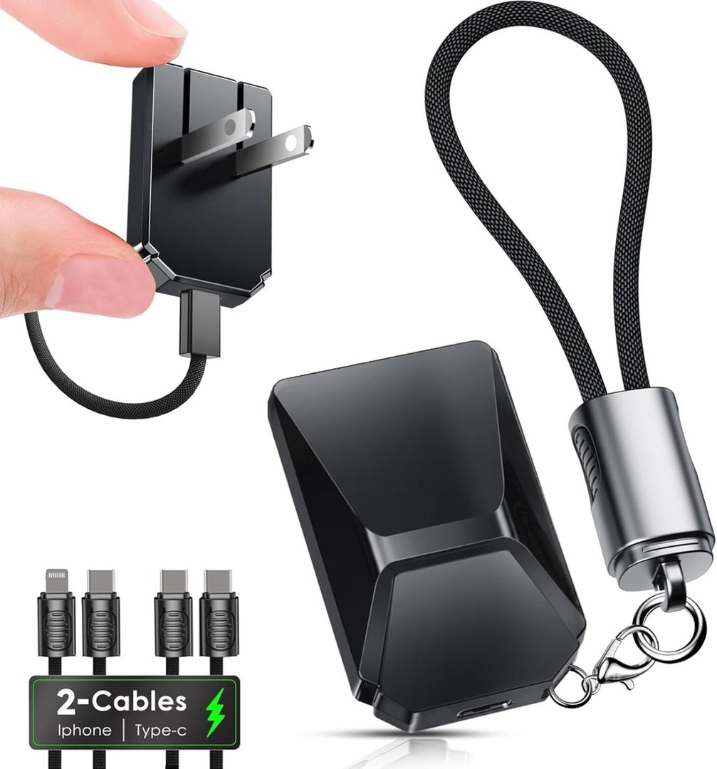 USB C Charger for iPhone 16/15 Charger Fast Charging, GaN Keychain Design Fast Wall Charger Block with 2 Pack USB C to C & C to Lightning Cable, Foldable and Compact for iPhone 17/16/15, iPad(Black) (gray)