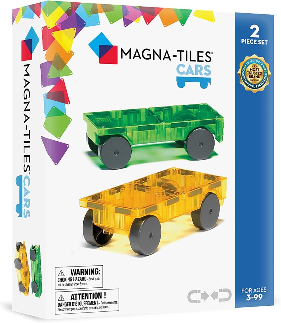MAGNA-TILES Cars  Green & Yellow 2-Piece Magnetic Construction Set, The ORIGINAL Magnetic Building Brand