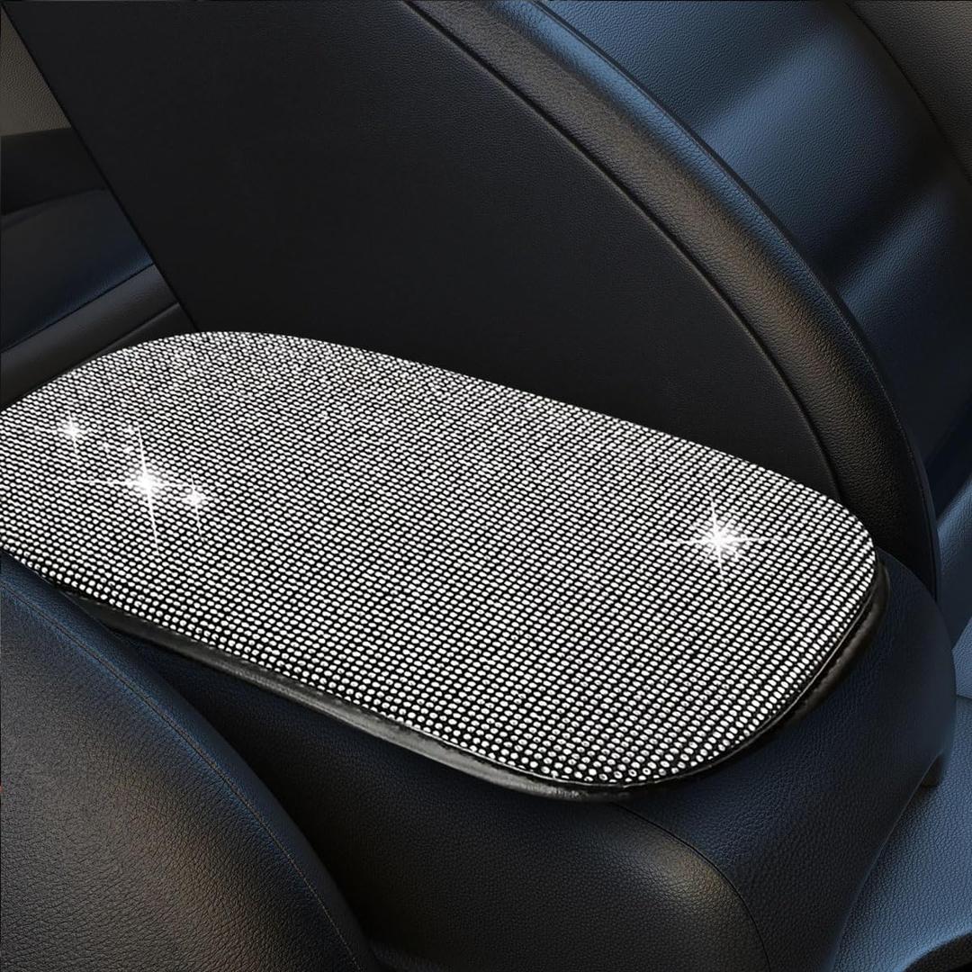 ZIMISI 11.9''8.4'' Bling Car Center Console Cover, Crystal Diamond Arm Rest Cover for Car, Soft Elbow Pillow Automotive Armrest Seat Box Cover, Arm Rest Protective Cushion Pad for Women Men (White)