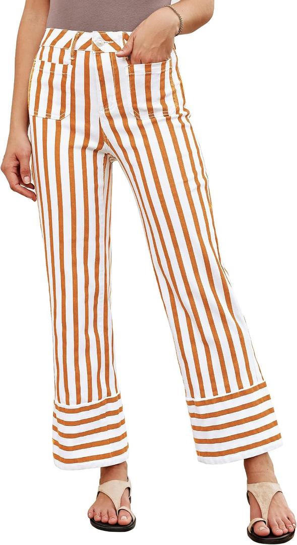 luvamia Striped Jeans for Women Wide Leg High Waisted Trendy Patch Pockets Stretchy Denim Pants Casual Trouser Jeans (Orange, XL)