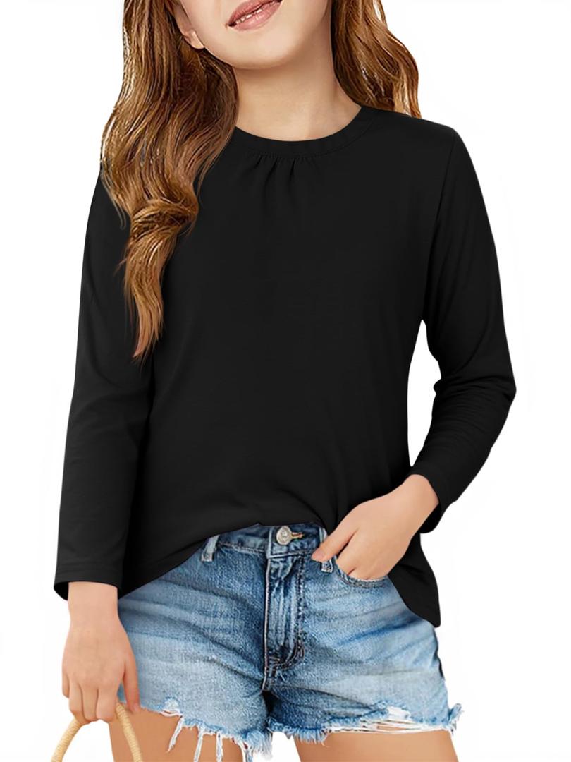 Haloumoning Girls Long Sleeve Tees Kids Casual Crewneck Pleated T Shirts Cute Fall Tops 5-14 Years Black
