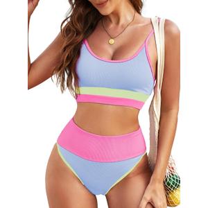 Herseas Women 2 Piece High Waisted Bikini Sets Color Block Popular Swimsuits 2026 Summer Beach Swim Best Bathing Suits (M)
