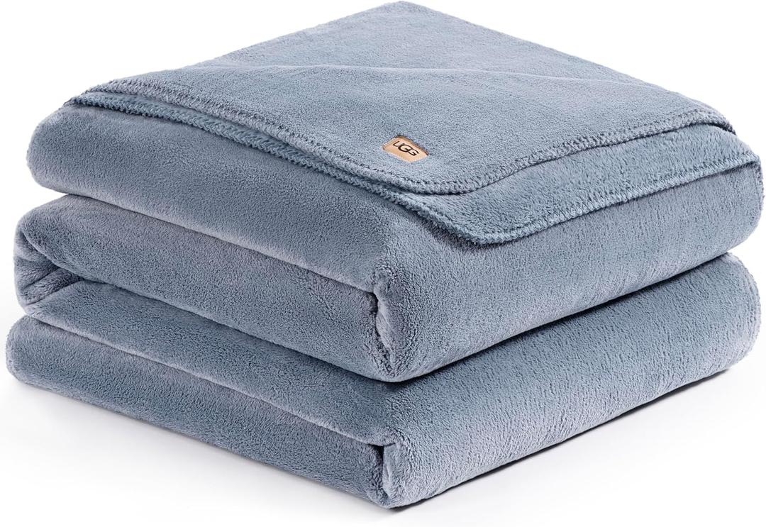 UGG Plush Full/Queen Blanket, Fleece Fluffy Blanket for Bed, Luxury Cozy Oversized Throw for Couch, Washable Hypoallergenic Queen Bedding, 90" x 90", Denim Blue (Whitecap)