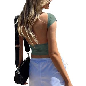 Women's Sexy Backless Top Y2K Short Sleeve T Shirts Casual Cute Crop Tops Summer (Green, XS)