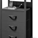 NightStand Bedside Charging Table Bedroom - Night Stand with Charger Station, Black Modern Bed Side End Table with Open Shelf & 3 Fabric Drawers, USB-C Port for Dorm, Living Room