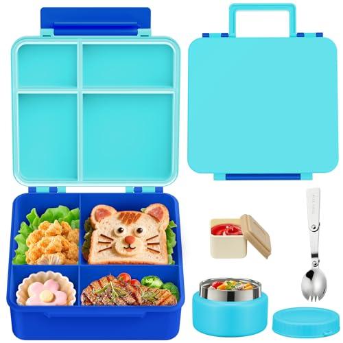 Aimsnk Kids Bento Lunch Box with 8oz Soup Thermo, Kids Leakproof Lunch Food Containers with 4 Compartment, Insulated Hot Food Jar with Lunch Bag for School, Travel (Blue-No lunch bag)