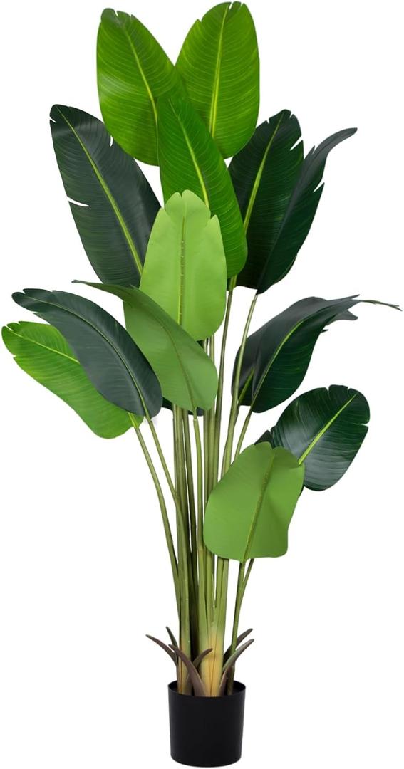 Artificial Bird of Paradise Plant 7Ft Fake Tropical Palm Tree with 17Trunks Faux Banana Leaf Trees in Pot for Home Indoor Outdoor Office Modern Decor Housewarming (1pack)
