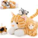 Muiteiur 4 Piece Cat Stuffed Animals, 15.7 inch Mom Plush Cat with 3 Kittens Stuffed in Zipper Pouch, Cute Yellow Mom and Baby Stuffed Cats for Kids Girls Boys