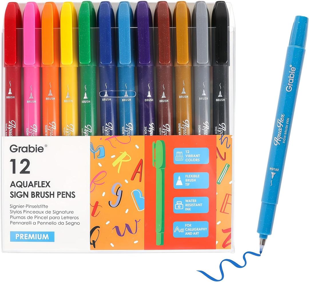 Grabie AquaFlex Sign Brush Pen Set of 12  Flexible Brush Tip with Waterproof, Archival Ink for Calligraphy, Journaling, Drawing & Illustration  Vibrant, Quick-Drying, Non-Toxic & Smudge-Proof