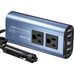 SUNWHEEL 300W Power Inverter DC 12V to 110V AC Car Inverter with 25W Quick Charge, 6.0A 4 USB Ports, Dual AC Adapter for Laptops Charger