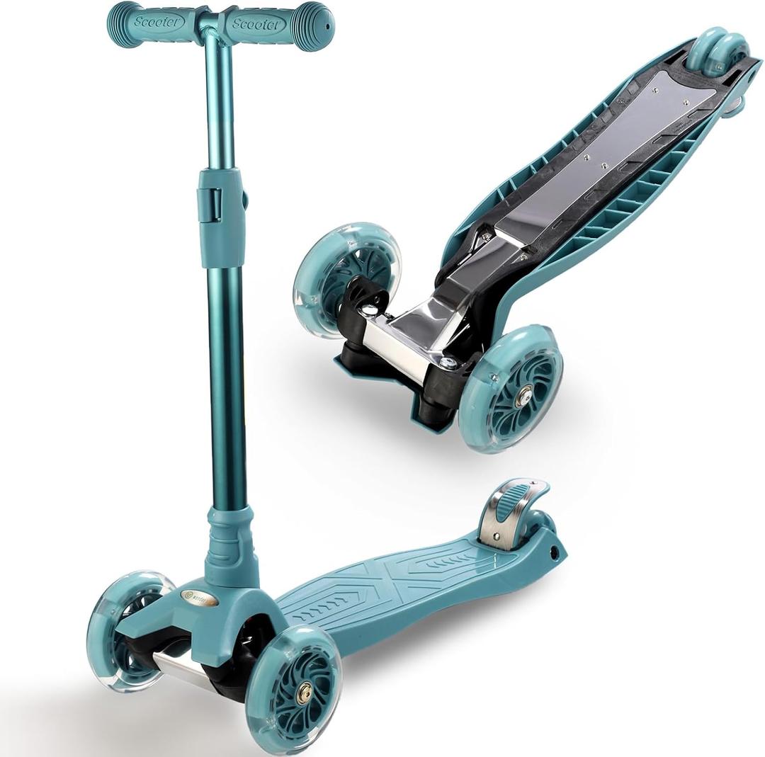 3 Wheel Scooter for Kids Ages 6-12,Kids Scooter with Light Up Wheels, Sturdy Deck Design, and 4 Height Adjustable Suitable for Kid Ages 3-12 (Mineral Blue)