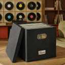 ZICOTO Decorative Vinyl Record Storage Box for 50+ Single Records - Sturdy and Easy to Carry LP Holder with Lid - The Perfect Storage Crate for Your Valuable Album Collection (Black)