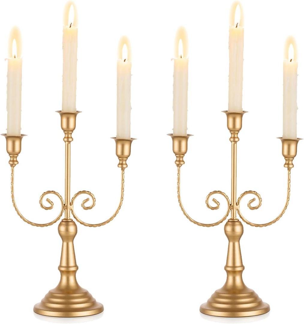 Romadedi Candelabra Gold Candle Holders - 3 Arm 11.8" Wedding Candlestick Holder for Theme Party Table Centerpiece Decor Dining Room Birthday Holiday Christmas, Set of 2