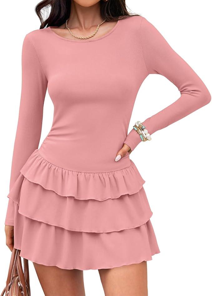 ZESICA Womens Long Sleeve Bodycon Mini Dress Ribbed Knit Crew Neck Ruffle Tiered Flowy Cocktail Party Dresses (Medium)