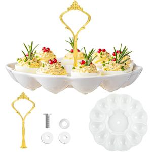Potchen Multi Tier Ceramic Deviled Egg Platter Deviled Egg Tray Container, Detachable Eggs Holder Tower Wedding Party Food Container for Kitchen Countertop Microwave Dishwasher Freezer(Crown,1 Tier)
