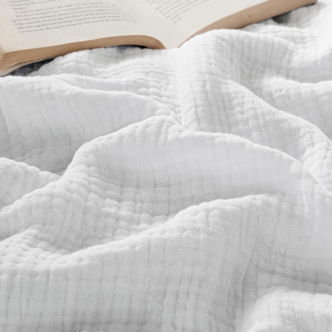 Bedsure 100% Cotton Muslin Throw Blanket Twin XL for Bed - 4-Layer Breathable and Lightweight Thin Soft Gauze Muslin Blanket for Summer, White, 66x90 Inches
