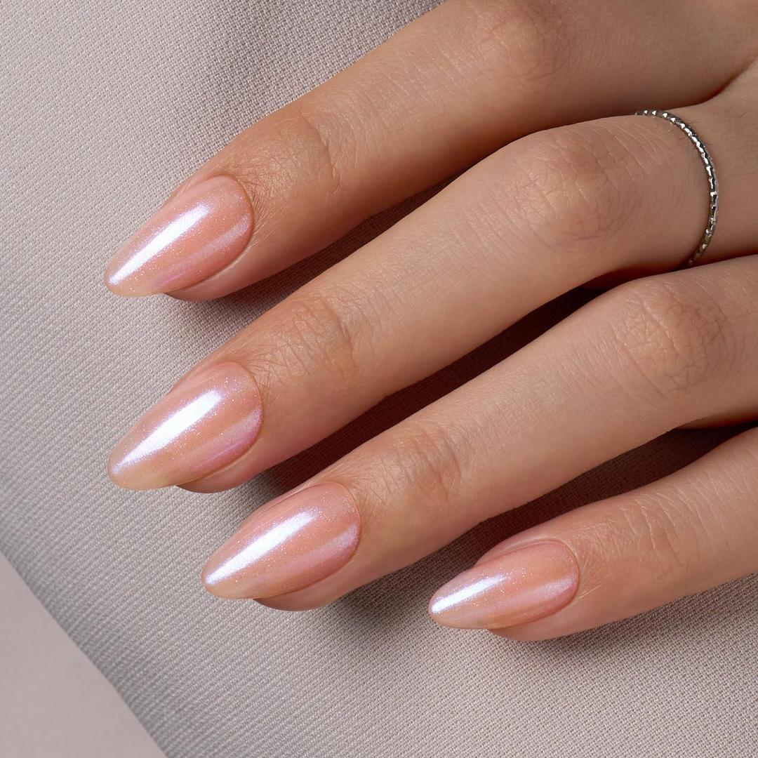 VSALON Press On Nails Short Almond, 32 Pcs 16 Sizes Nude Pink Pearl Chrome Neutral Fake Nails With UV Cure Glue, Glossy Aurora Glazed Donut Reusable Stick On Nails False Nails Fall Gift For Women