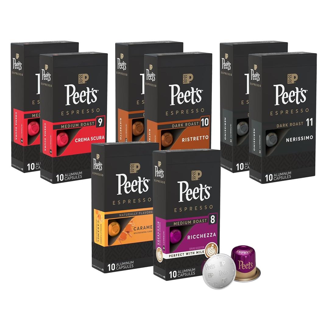 Peet's Coffee, Dark Roast Espresso Capsules Variety Pack, Compatible with Nespresso Original Machine - Intensity 8-11, 80 Count (8 Boxes of 10 Espresso Capsules) Best By Before 01/22/2026
