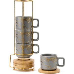 LUKA Porcelain Espresso Cup with Saucer and Metal Stand, 4 Ounce Stackable Ceramic Demitasse Espresso Mugs Cups Set for Latte, Specialty Coffee Drinks, Cafe Mocha,Tea - Set of 4, Gray