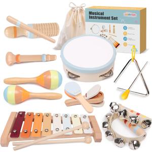 Baby Musical Instruments Set - Montessori Wooden 18 Month Old Baby Musical Toys, Toddler Percussion Instruments Xylophone Maracas Tambourine for Kids, 2 3 4 Year Old Baby Girls Boys Birthday Gifts