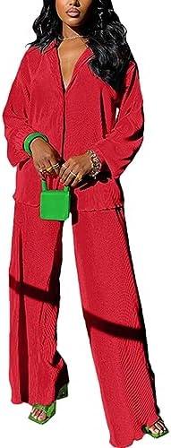 kaimimei Casual 2 Piece Outfit for Women - Linen Long Sleeve Button Down Shirt + Flare Pleated Wide Leg Pants Sets Streetwear, S