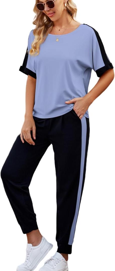 VIMPUNEC Women 2 Piece Outfits Summer Casual Lounge Sets Soft Sweatsuits Trendy Matching Sets (Blue, XL)