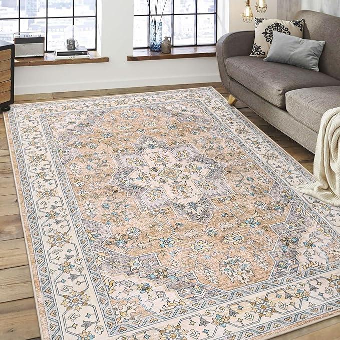Vintage Area Rug for Living Room 9x12 Modern Washable Rug Non Slip Low Pile Large Rug for Living Room, Bedroom, Farmhouse, Dining Room, Beige
