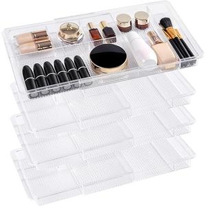 Oubonun Expandable Drawer Organizer 11.1” to 19.2” Width, Shallow Cosmetic Organizer 1.3” Height, 4 Packs, Clear Plastic Storage Trays for Dressing Table,Bathroom