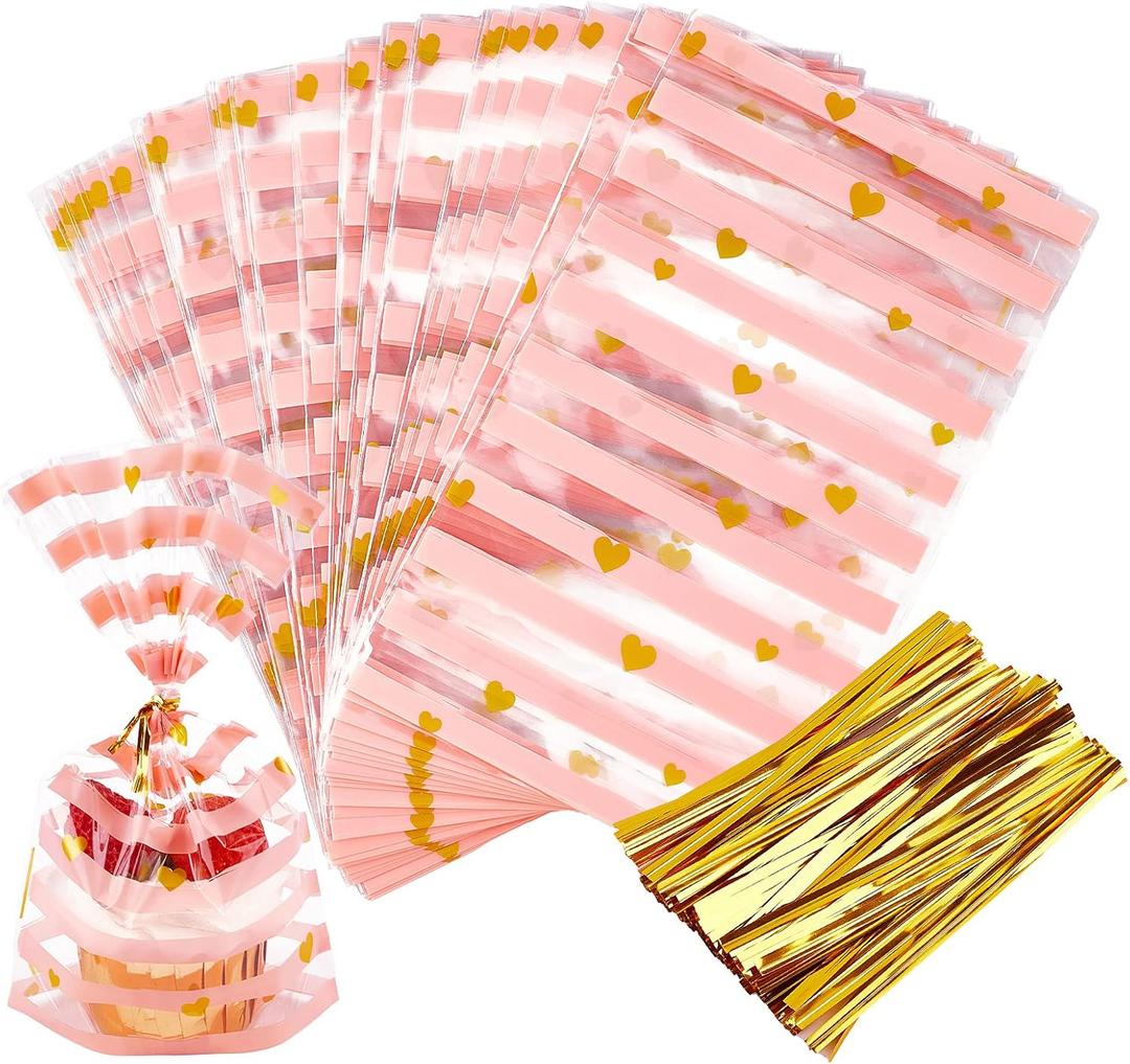 JOERSH 100 Pack 8.1" x 5" Bottom Gusset Clear Cellophane Treat Bags with Ties for Cookies Candy Popcorn Birthday Party Favor Bags Gift Giving, Pink Stripes and Hearts Pattern