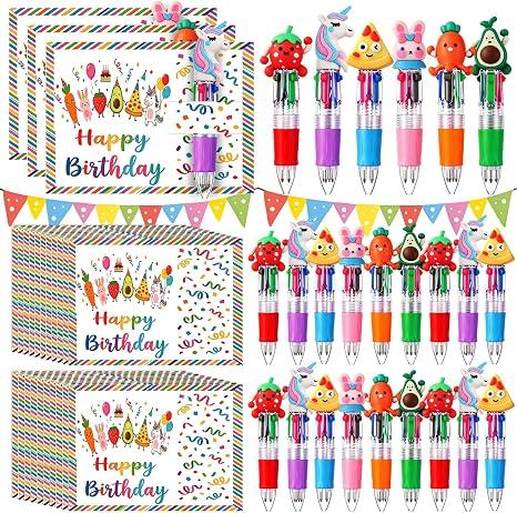 Gueevin 24 Set Birthday Classroom Gifts for Students Cute 4-in-1 Ballpoint Pens with Positive Cards Student Gift from Teacher Bulk Birthday Party School Prizes Goodie Bags Stuffers