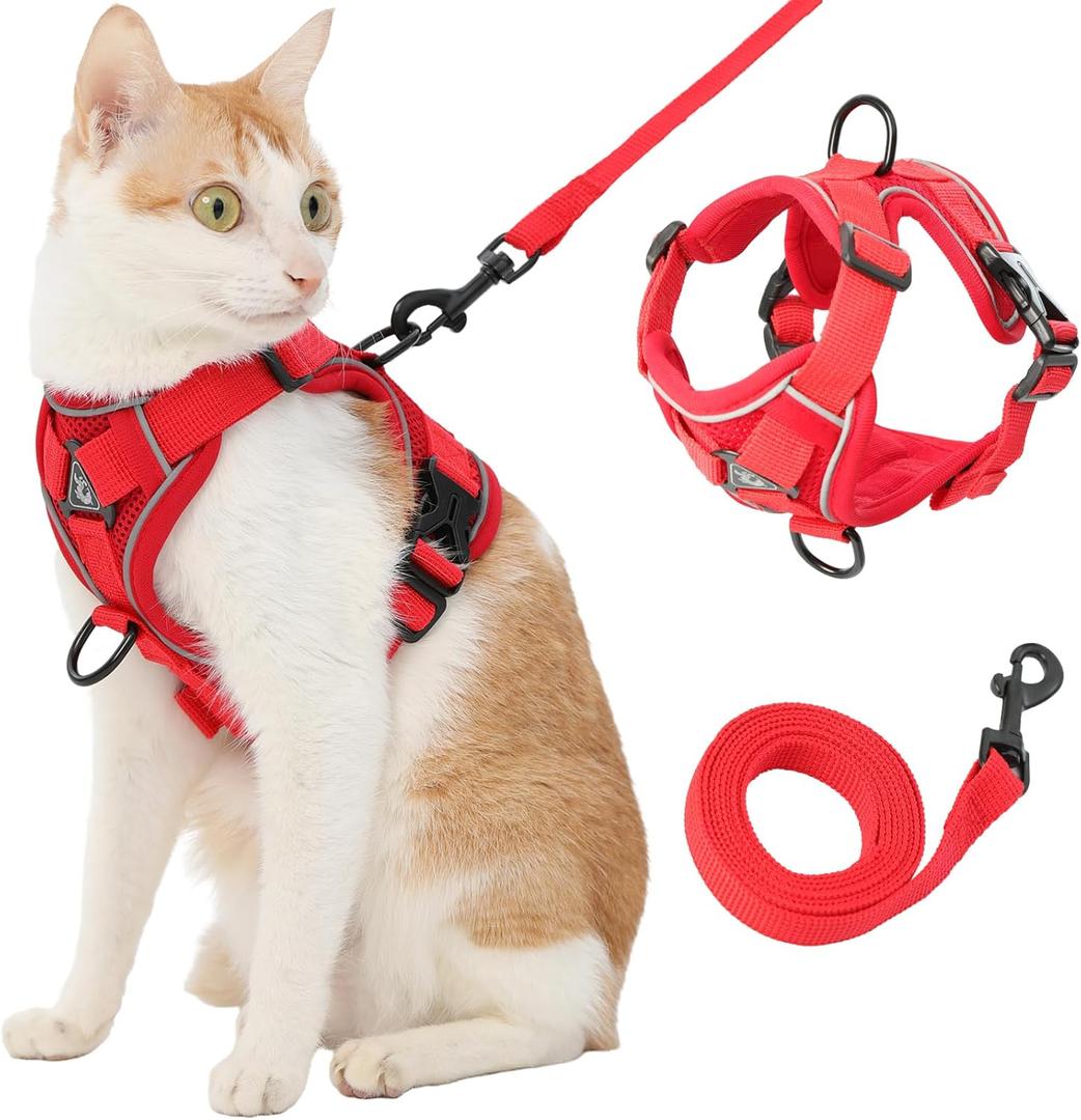 Cat Harness and Leash, Reflective Cat Harness Escape Proof for Walking, Adjustable Kitten Harness and Leash Set, 4 Buckles Easy Control Breathable Cat Vest Harness for All Types of Cats (Large, Red)
