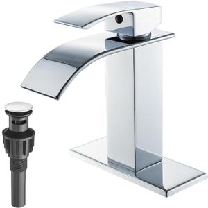 VOTON Chrome Bathroom Faucets Waterfall Bathroom Sink Faucet Modern Single Handle Bathroom Faucet for 1 or 3 Holes with Deck Plate and Pop-Up Drain, Rv Sink Camper Farmhouse Bathroom Faucet