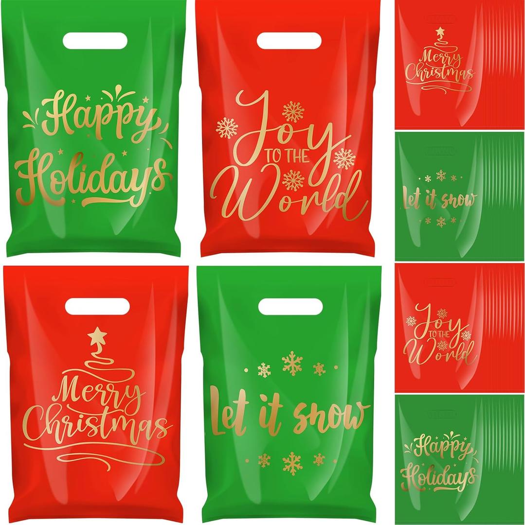 Chunful 100 Pcs Plastic Christmas Gift Bags with Handle Christmas Treat Goodie Bags Bulk Medium Red and Green Candy Cookie Snack Party Favor Handbags for Xmas Happy Holiday Gift, 7.9 x 11.8 Inch