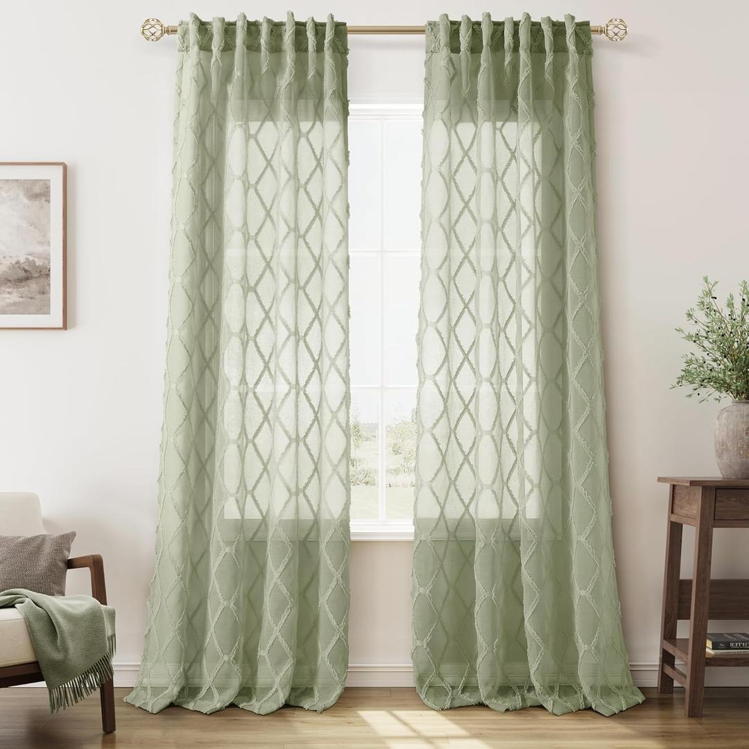 Sage Green Sheer Curtains 84 Inch Length for Living Room 2 Panels Back Tab Pocket Light Green Embroiderd Textured Boho Farmhouse Drapes Light Filtering Rustic Curtain for Dining Room Bedroom 52x84