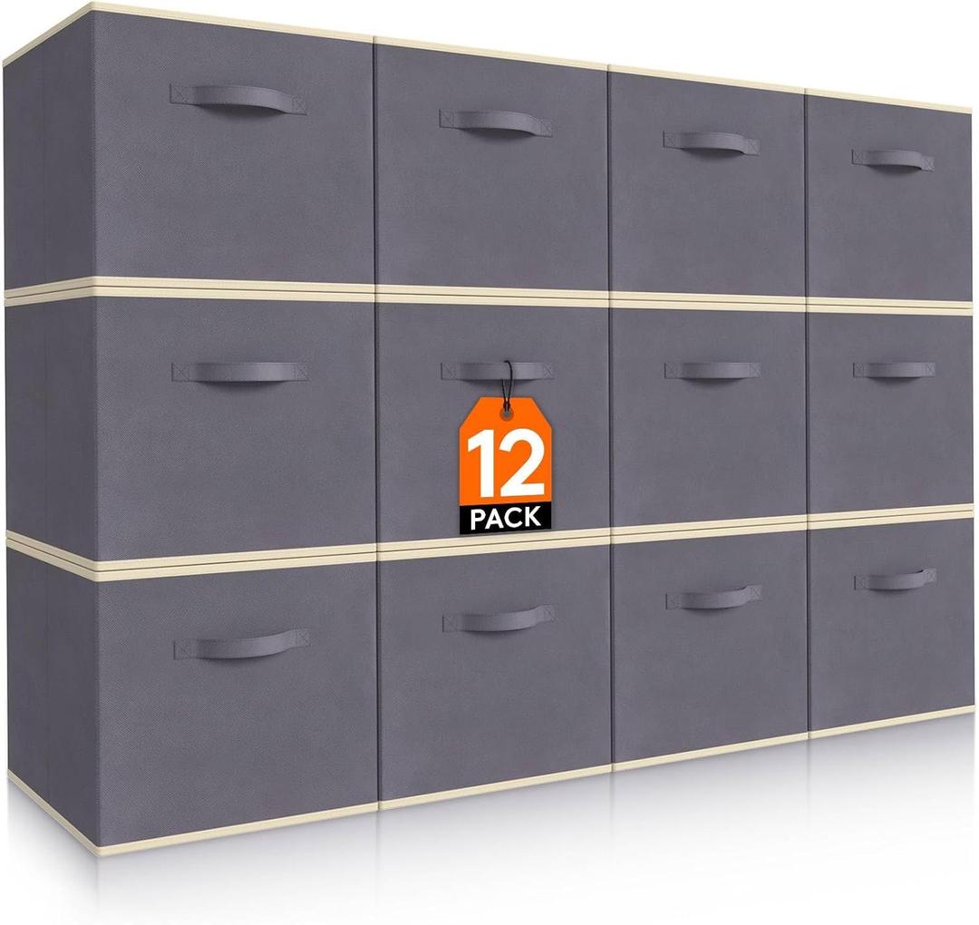 Lifewit 12 Packs Storage Cubes, 11 Inch Cube Storage Bins, Foldable Decorative Fabric Storage Baskets for Organizing Home Organizers with Handles for Shelves, Closet, Grey (10.5"L x 10.5"W x 11"H, Gray)
